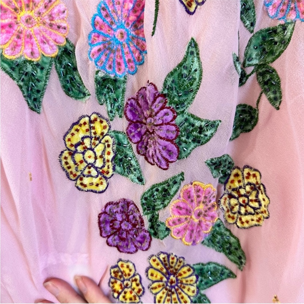 Roamans Pink Sheer Floral Beaded Long Sleeve Top - Picture 7 of 16
